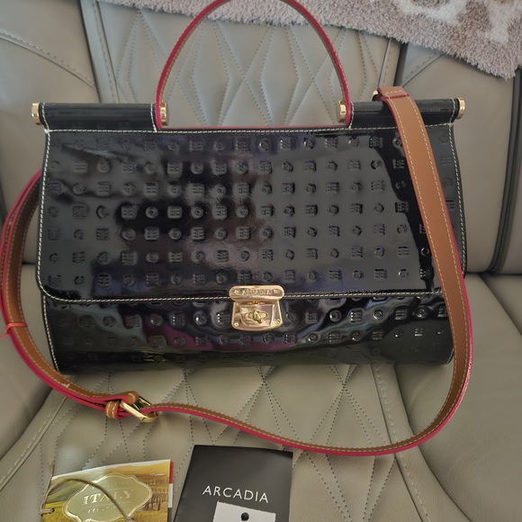 Arcadia Handbags - Arcadia Black Patent Satchel with Red Trim and Brown Strap